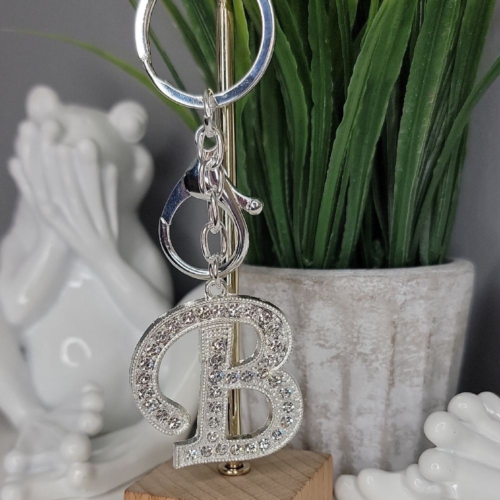 Letter B Initial B Alphabet B Rhinestone Silver Key Chain Bag Charm - Picture 6 of 6